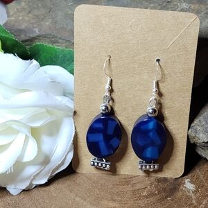 Hand Crafted Dangle Hook Earrings With Blue Mosaic Patchwork Oval Beads